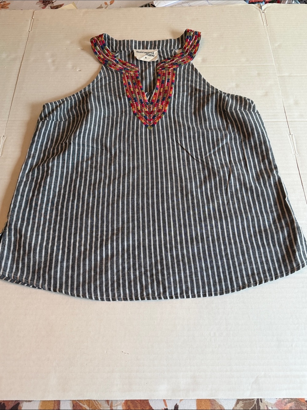 Savanna Jane Gray & White Striped Halter Tank Embroidered Trim Medium